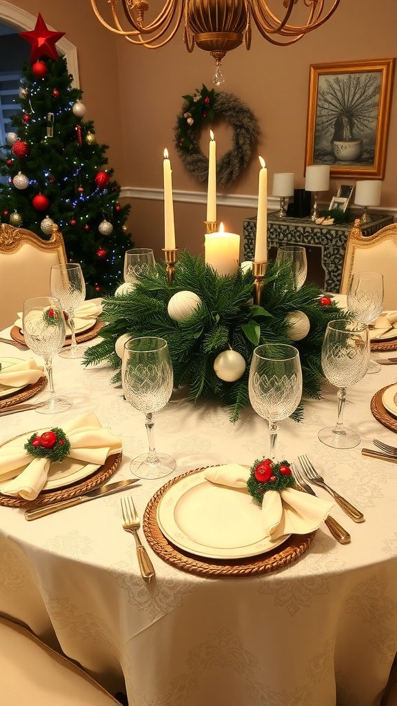 An elegant Christmas table setting with fine china, glassware, candles, and festive decorations.